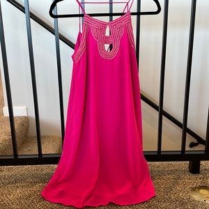 Hot pink spaghetti strap dress with gold accents!